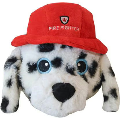 Steel Dog stuffing free dog plush toy in the shape of a firefighter dog with a red hat