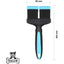 The Talis Us Double Sided Dog Grooming Brush for Shedding features black and blue ergonomic design, dual split heads, and measures 95 mm wide by 205 mm long. The bottom left shows the Talis Us logo with a cartoon dog.
