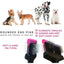 Four dogs are pictured above the Talis Us Double Sided Dog Grooming Brush for Shedding. Text highlights features: rounded end pins, removes tangles, eliminates dander and dirt, and creates a soft, shiny coat. Brand: Talis Us.