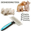 The Talis Us Pet Grooming Brush for Shedding with Comfortable Grip is shown next to a pile of fur, a puppy licking a kitten, and a checklist of shaping, finishing, thinning, and shedding. Text reads: DESHEDDING TOOL. Brand: Talis Us.