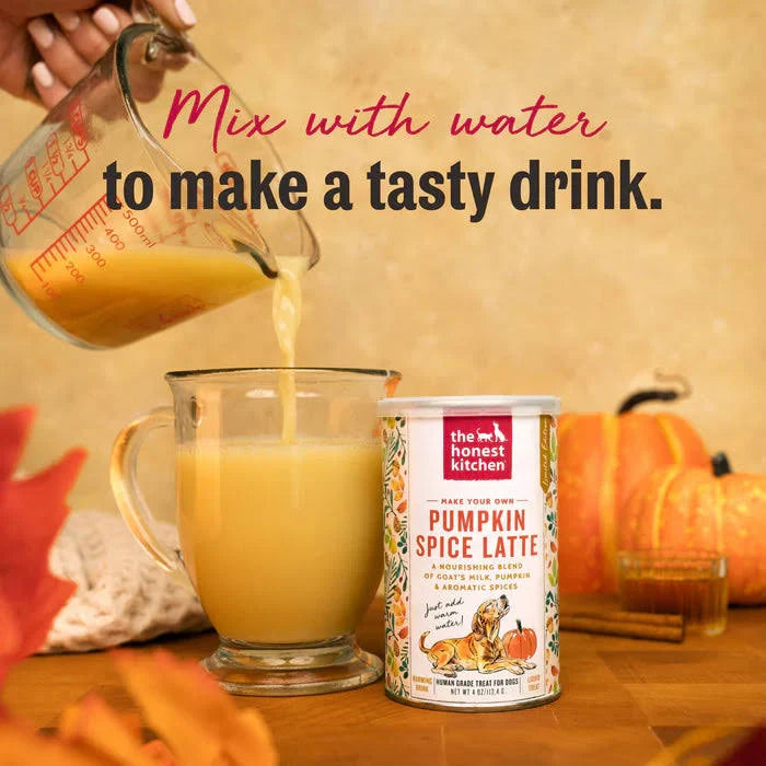 The Honest Kitchen pumpkin latte for dogs mixed with water to create a tasty drink for pets