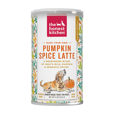 The Honest Kitchen pumpkin latte for dogs in a canister featuring a nourishing blend of spices and pumpkin