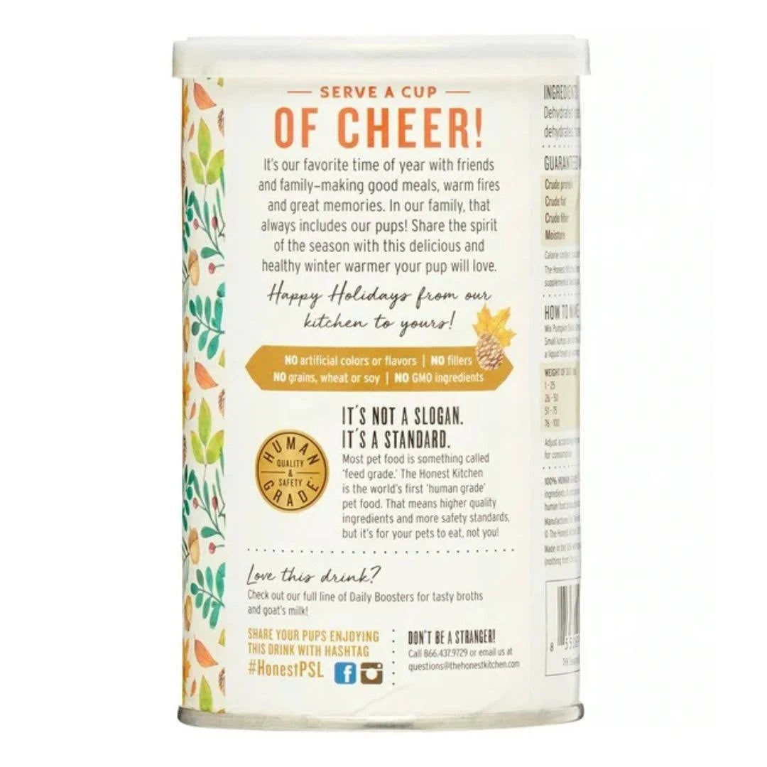 The Honest Kitchen pumpkin latte for dogs in a convenient container for a festive dog treat