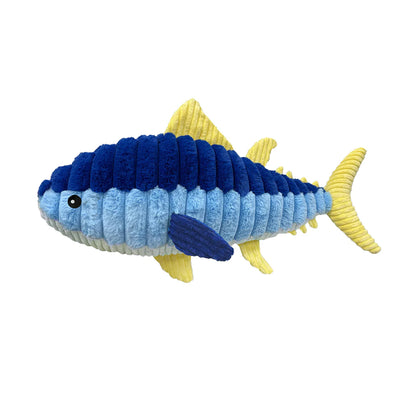 Petlou Tuna dog toy plush in blue and yellow, featuring a soft and textured design for playful pets