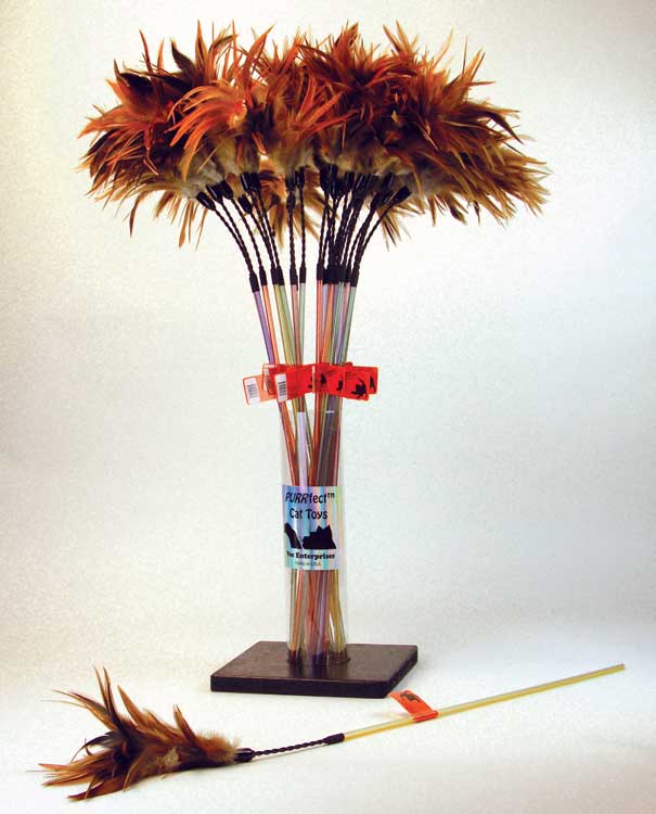 A display stand holds several Vee Enterprises The PURRfect Wiggle Bouncer Interactive Cat Toy Wands, each with a long plastic rod and feathered tip. One toy is shown separately, featuring a yellow stick and brown, fluffy feather end.