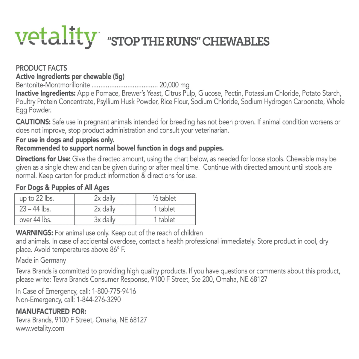 Vetality ‘Stop the Runs’ Anti - Diarrhea Chewable for Dogs 6 ct - Talis Us