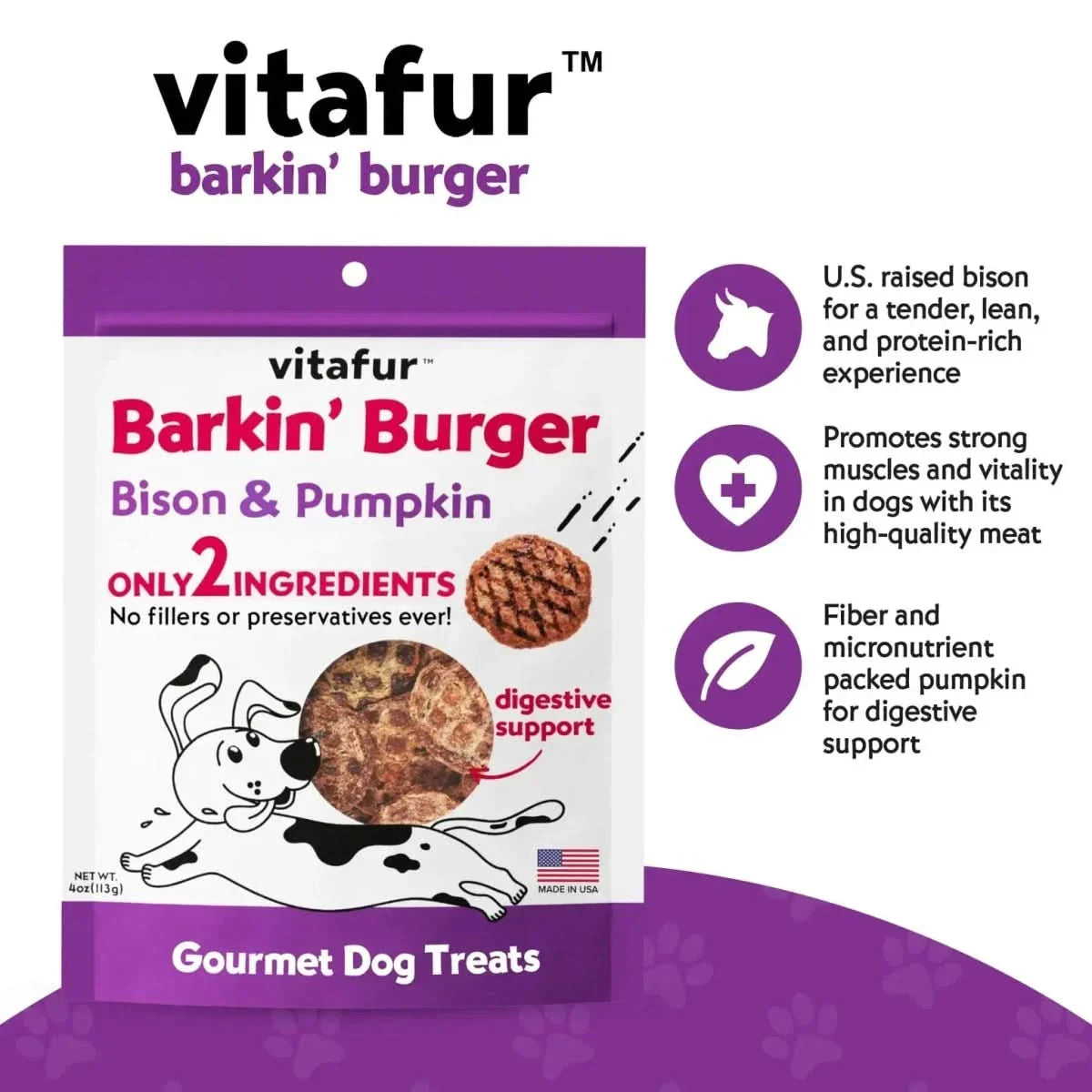 Vitafur Barkin Burger Grilled Bison & Pumpkin Dog Treat 4 oz - Talis Us