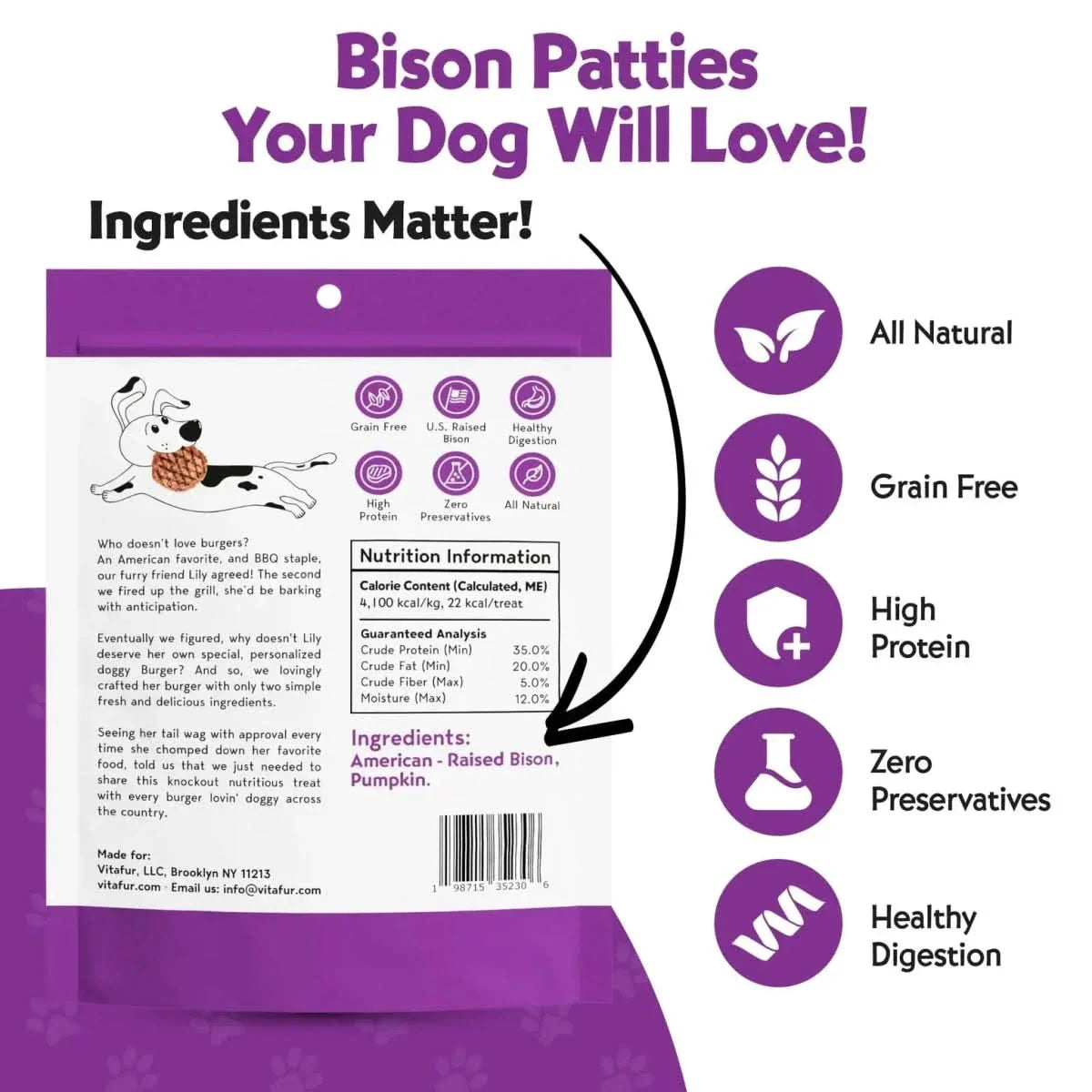 Vitafur Barkin Burger Grilled Bison & Pumpkin Dog Treat 4 oz - Talis Us