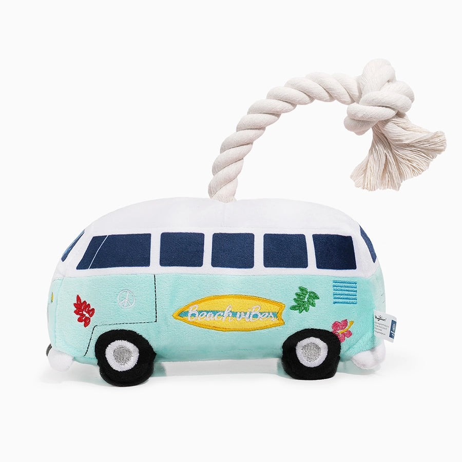 Volkswagen dog rope toy shaped like a vintage bus with a rope for tugging and snuggling