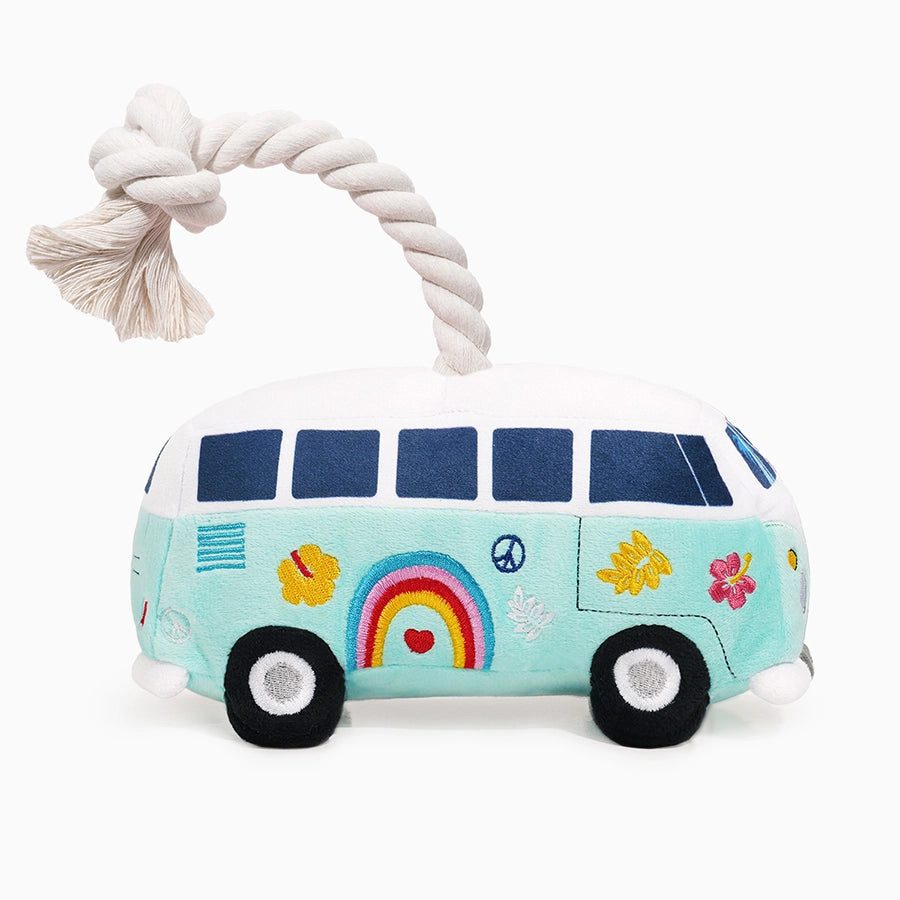 Hugsmart Pet Volkswagen dog rope toy designed as a colorful van with a rope tail for playful pets
