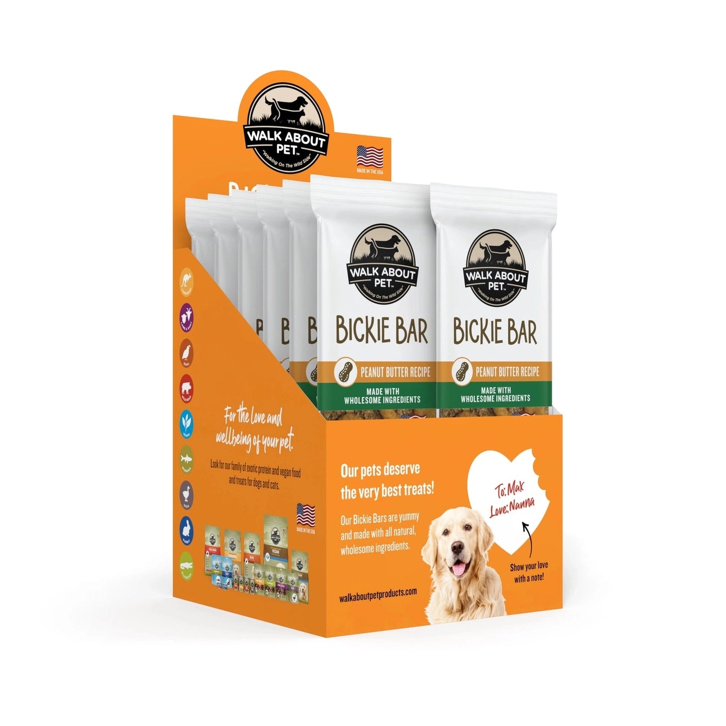 Walk About Pet Peanut Butter Dog Treats in Bickie Bar packaging, perfect for rewarding pets