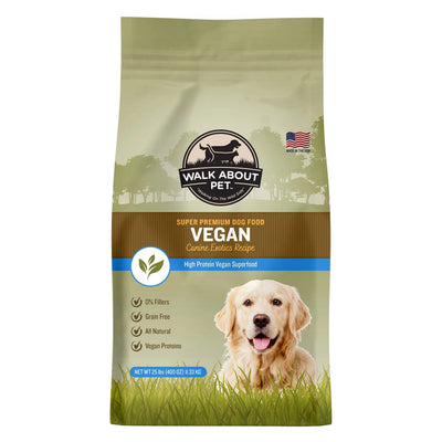 Walk About Pet Vegan Dog Food in 25 lb bag with high protein vegan superfood and natural ingredients