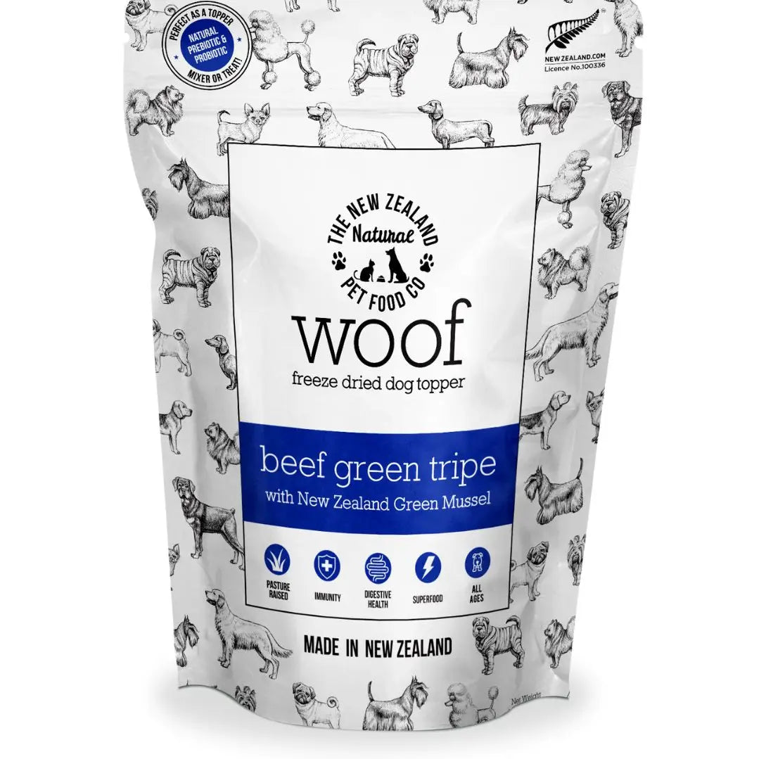 Woof freeze dried beef green tripe dog food topper with New Zealand green mussel for healthy pets