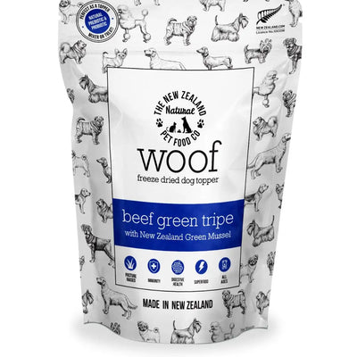 Woof freeze dried beef green tripe dog food topper with New Zealand green mussel for healthy pets