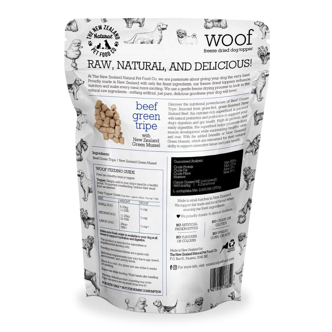 The New Zealand Natural Pet Food Co beef green tripe dog food topper in a resealable pouch with clear ingredients