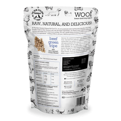 The New Zealand Natural Pet Food Co beef green tripe dog food topper in a resealable pouch with clear ingredients