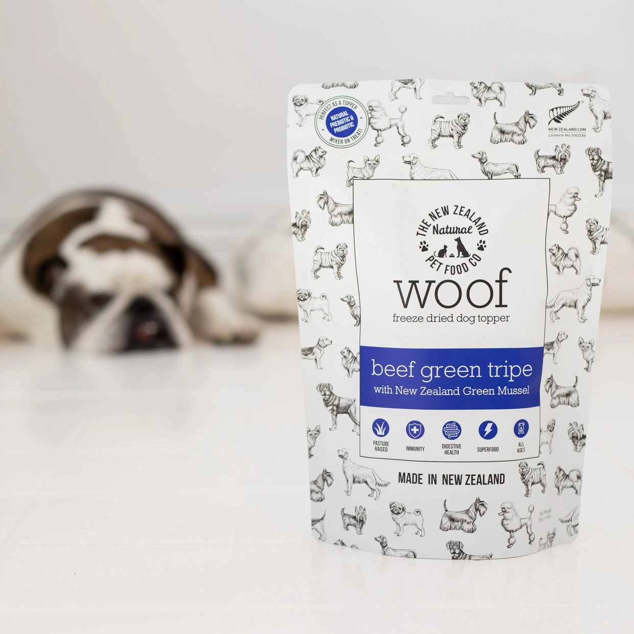 Beef green tripe dog food topper from The New Zealand Natural Pet Food Co in a resealable bag