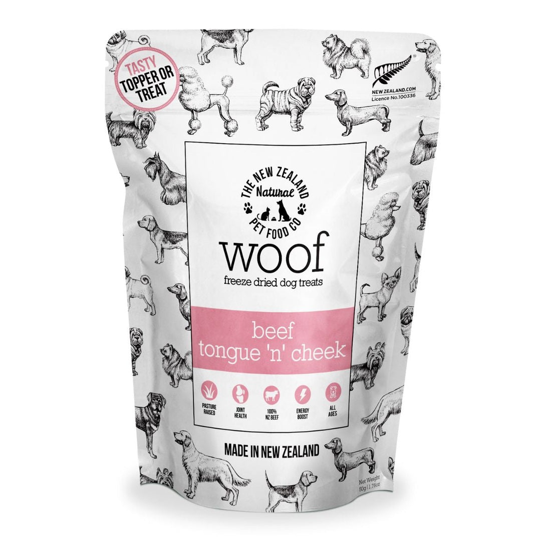 The New Zealand Natural Pet Food Co beef tongue dog treat in a colorful bag featuring playful dog illustrations