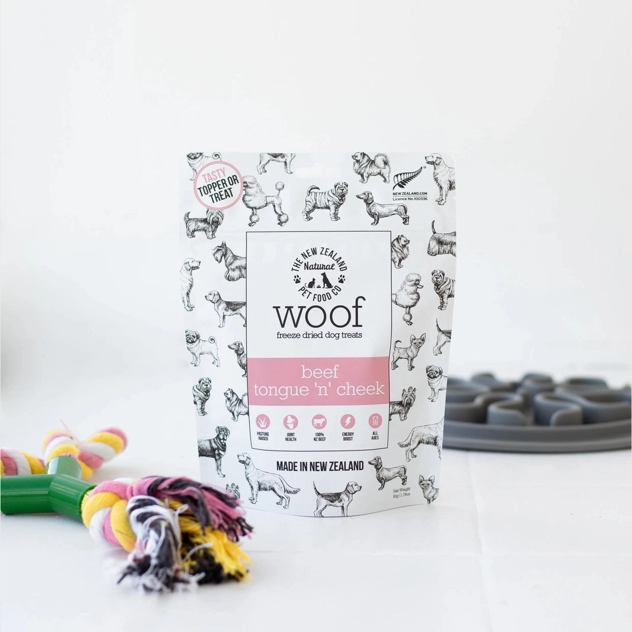 The New Zealand Natural Pet Food Co beef tongue dog treat in a fun packaging for healthy pet snacks