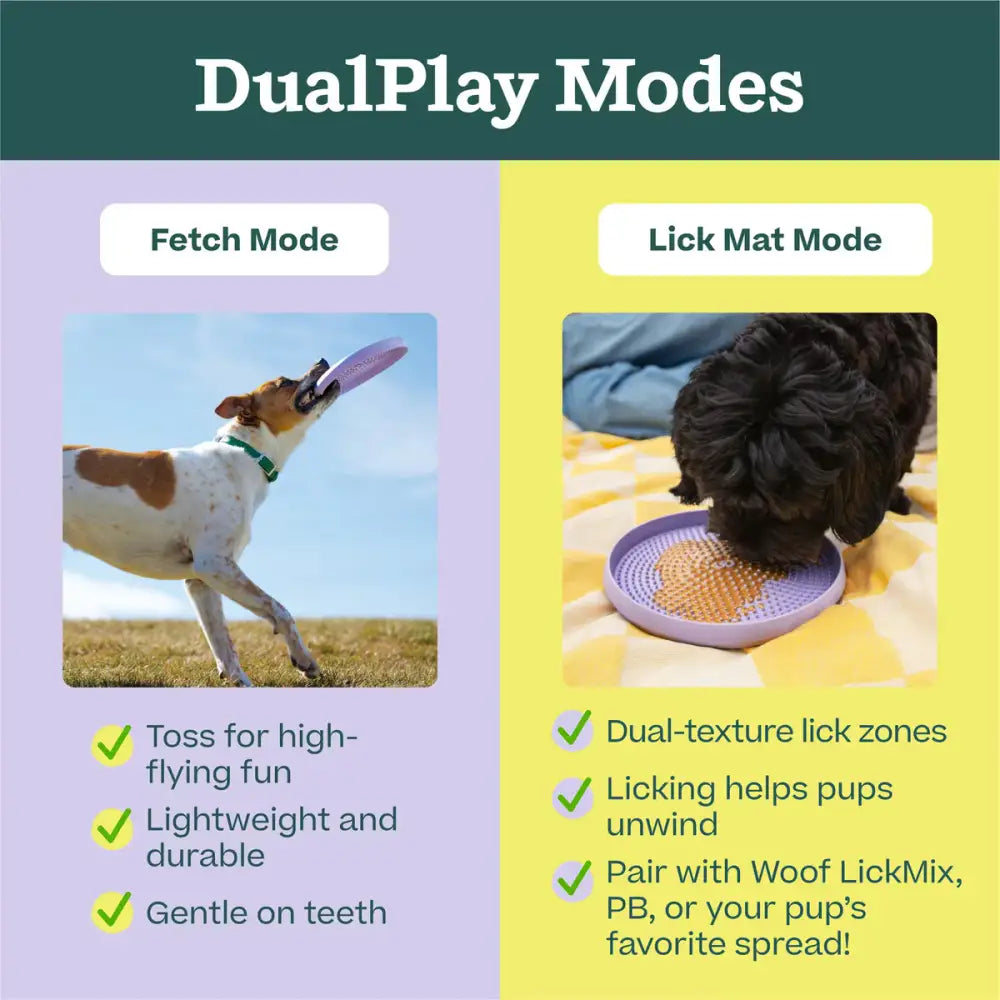 Woof Pet flying disc dog toy featuring dual play modes for fetch and lick mat activities