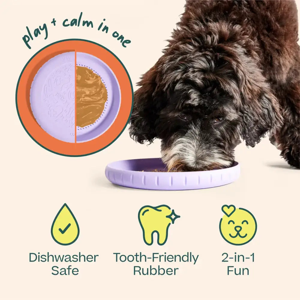 Woof Pet flying disc dog toy made of tooth-friendly rubber, dishwasher safe for easy cleaning