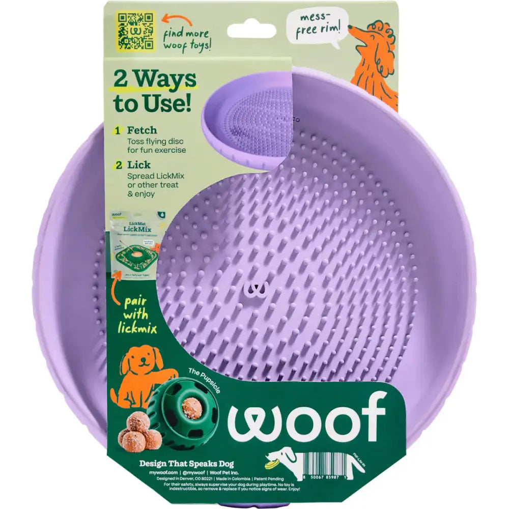 Woof Pet flying disc dog toy for fetch and lick play, designed for fun and exercise