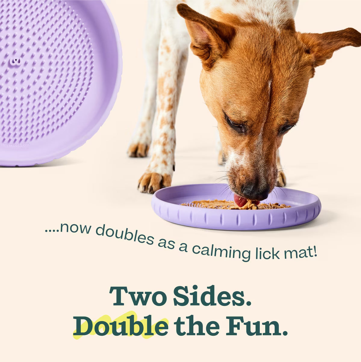 Woof Pet Flying Disc Dog Toy in Purple, doubles as a calming lick mat for playful dogs