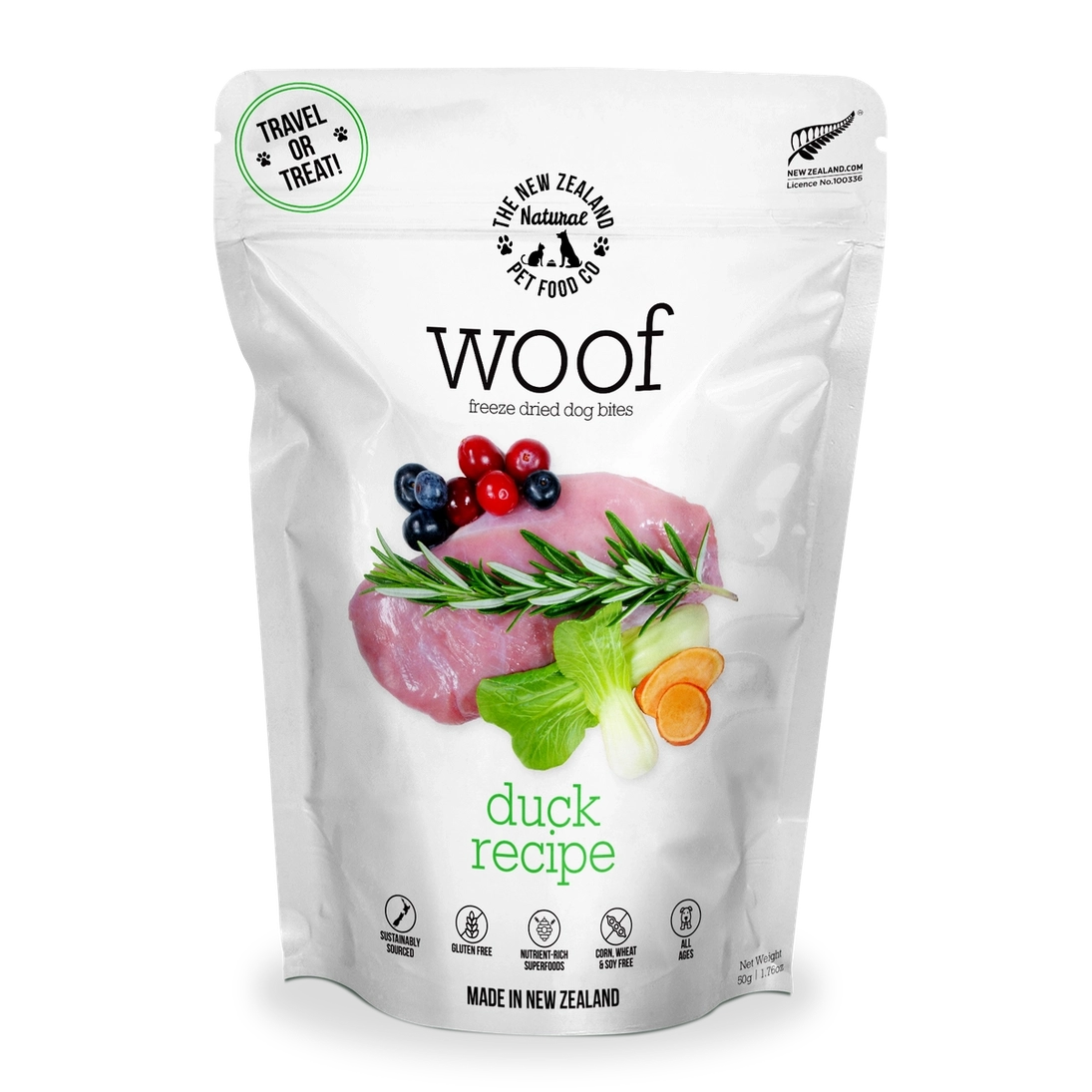 The New Zealand Natural Pet Food Co freeze dried duck dog food with fresh ingredients in a sealed bag