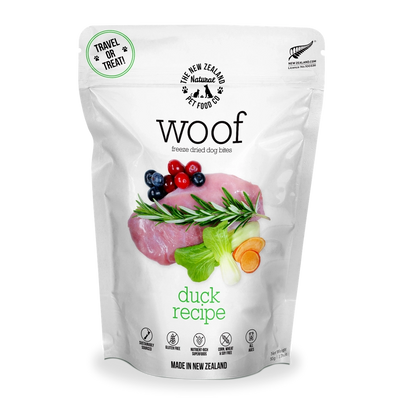 The New Zealand Natural Pet Food Co freeze dried duck dog food with fresh ingredients in a sealed bag
