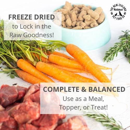 Freeze dried venison dog food with fresh ingredients like carrots and raw meat, promoting natural nutrition