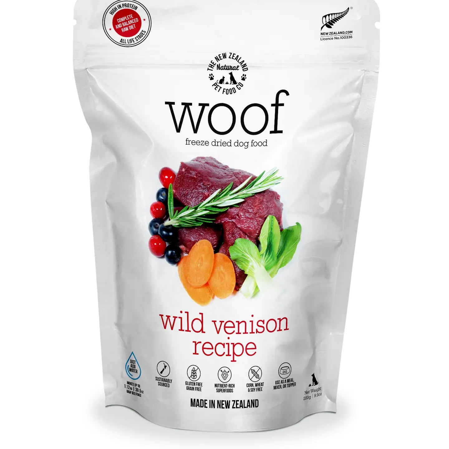 Woof freeze dried venison dog food in a resealable bag, featuring a wild venison recipe with vegetables