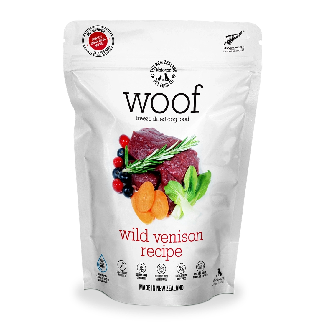 Woof freeze dried venison dog food pouch with wild venison recipe and vegetables, made in New Zealand