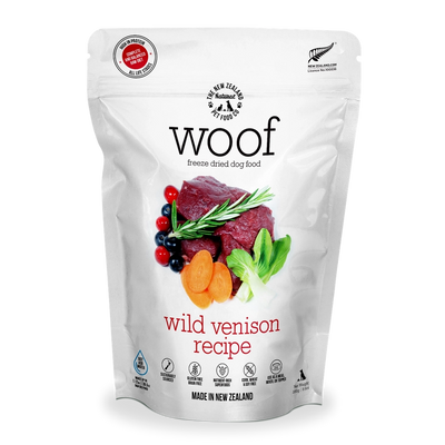 Woof freeze dried venison dog food pouch with wild venison recipe and vegetables, made in New Zealand