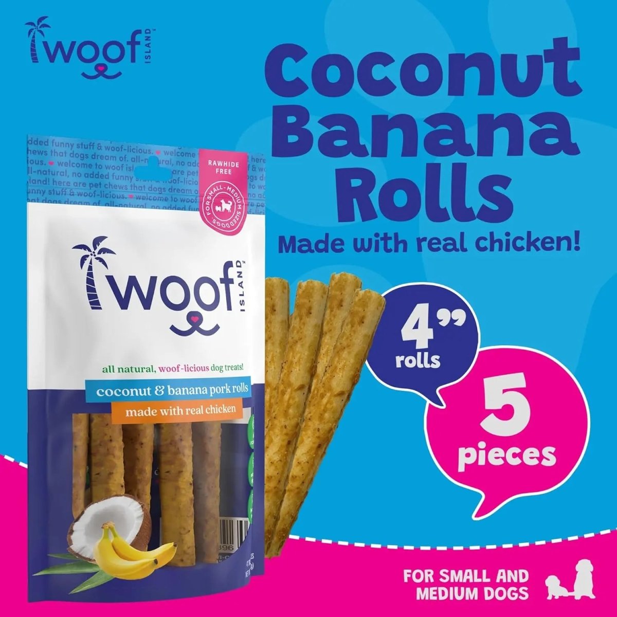 Woof Island Long Lasting Natural Pork Rolls with Banana and Chicken for Dogs of All Sizes - Talis Us