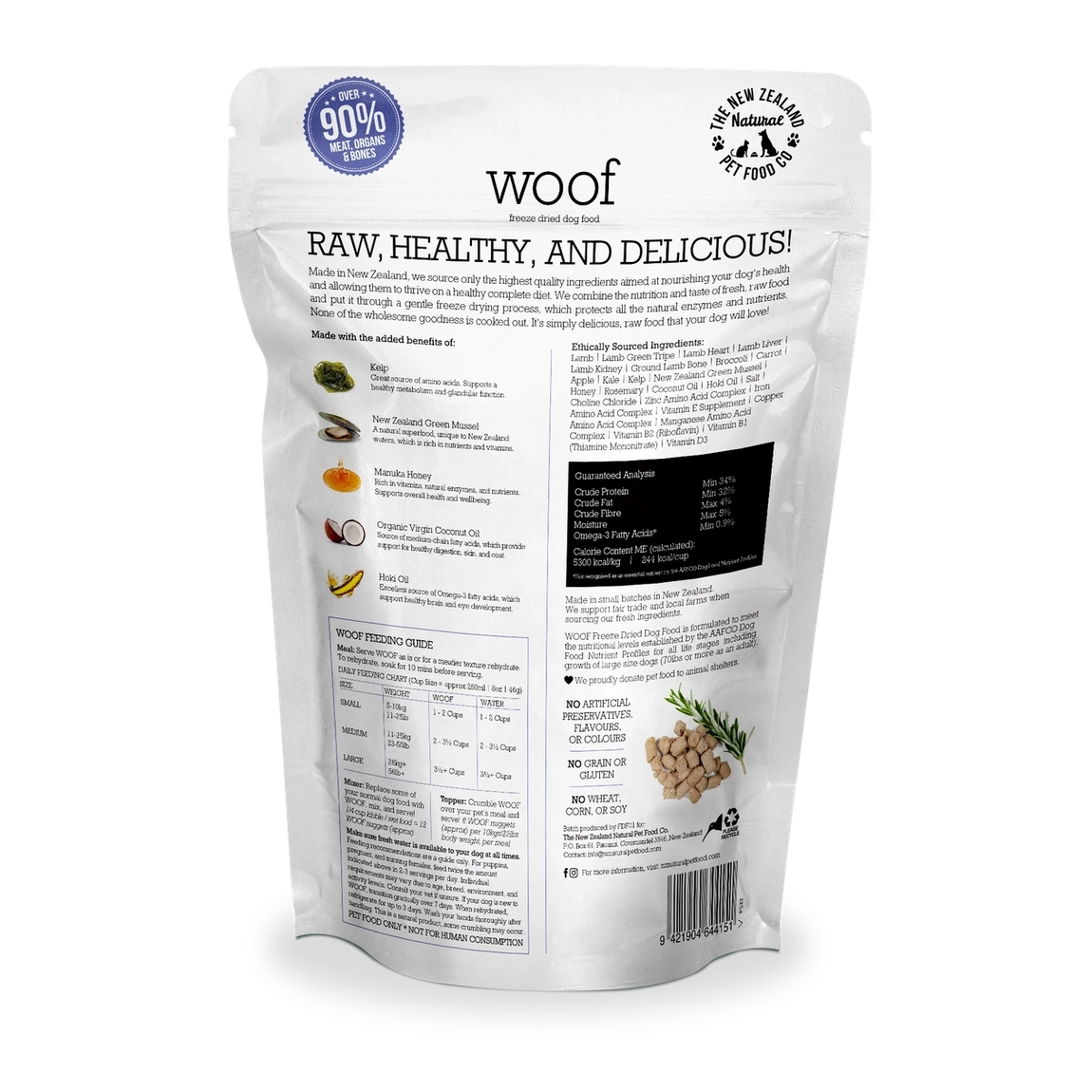 Woof lamb freeze dried dog food package featuring nutritional information and ingredients for healthy pets