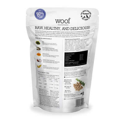 Woof lamb freeze dried dog food package featuring nutritional information and ingredients for healthy pets