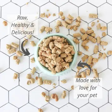 Woof lamb freeze dried dog food in a bowl with a hexagon tile background
