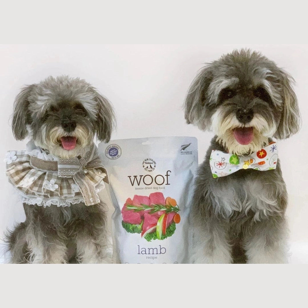 Two dogs posing with Woof lamb freeze dried dog food bag featuring a healthy, tasty lamb recipe
