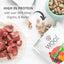 Woof lamb freeze dried dog food with high protein, featuring meat and organ pieces on a white surface