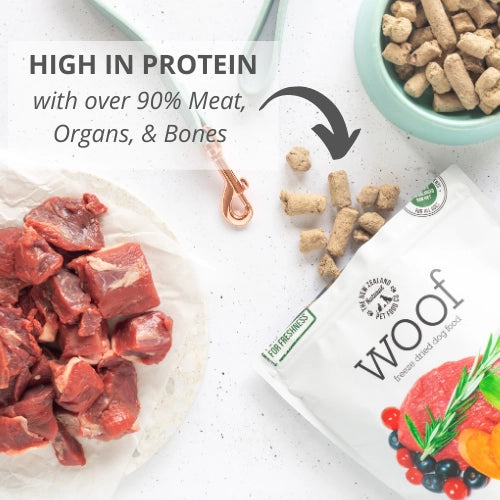 Woof lamb freeze dried dog food with high protein, featuring meat and organ pieces on a white surface