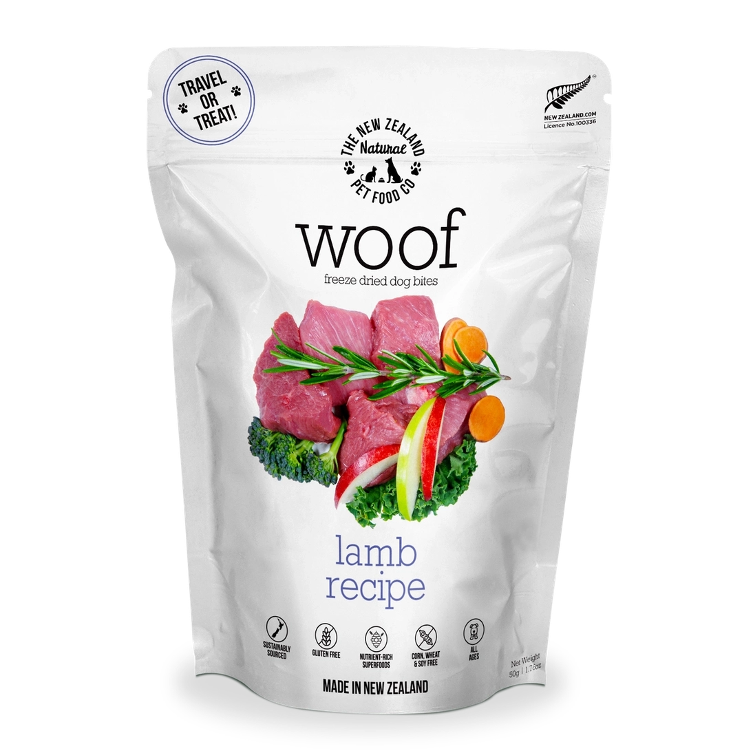 Woof lamb freeze dried dog food in a white pouch featuring quality ingredients for dogs