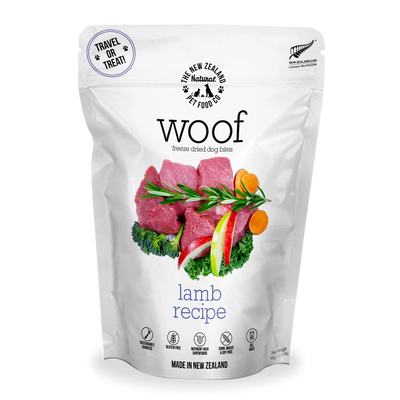 Woof lamb freeze dried dog food in a white pouch featuring quality ingredients for dogs