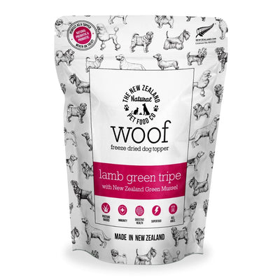 Woof freeze dried lamb green tripe dog food topper with New Zealand green mussel for added nutrition