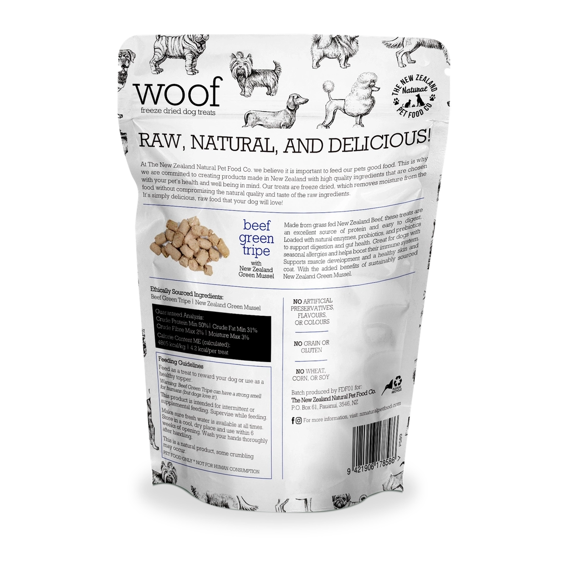The New Zealand Natural Pet Food Co beef green tripe dog treats in a resealable bag, promoting raw and natural ingredients