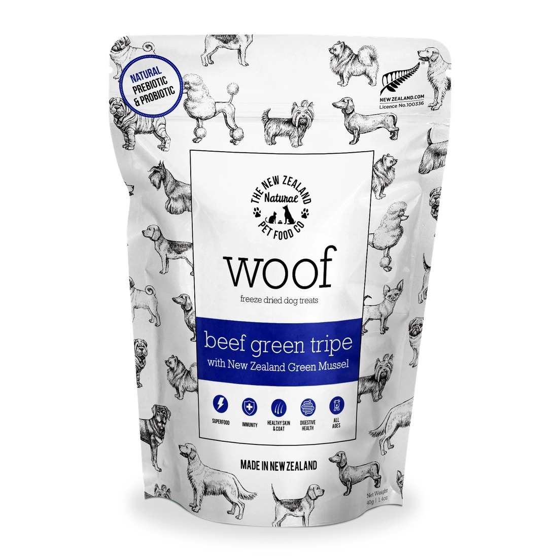 Woof freeze dried New Zealand beef green tripe dog treats with New Zealand green mussel for natural nutrition