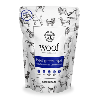 Woof freeze dried New Zealand beef green tripe dog treats with New Zealand green mussel for natural nutrition