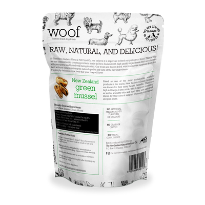 New Zealand green mussel dog treats in a resealable bag with raw, natural ingredients