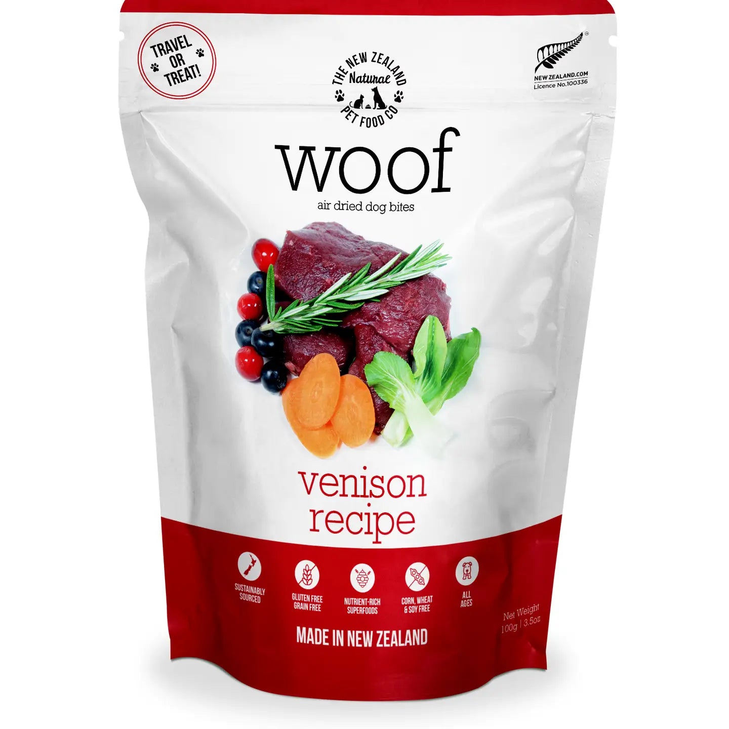 The New Zealand Natural Pet Food Co venison air dried dog food in a bag with natural ingredients