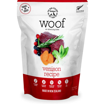 The New Zealand Natural Pet Food Co venison air dried dog food in a bag with natural ingredients