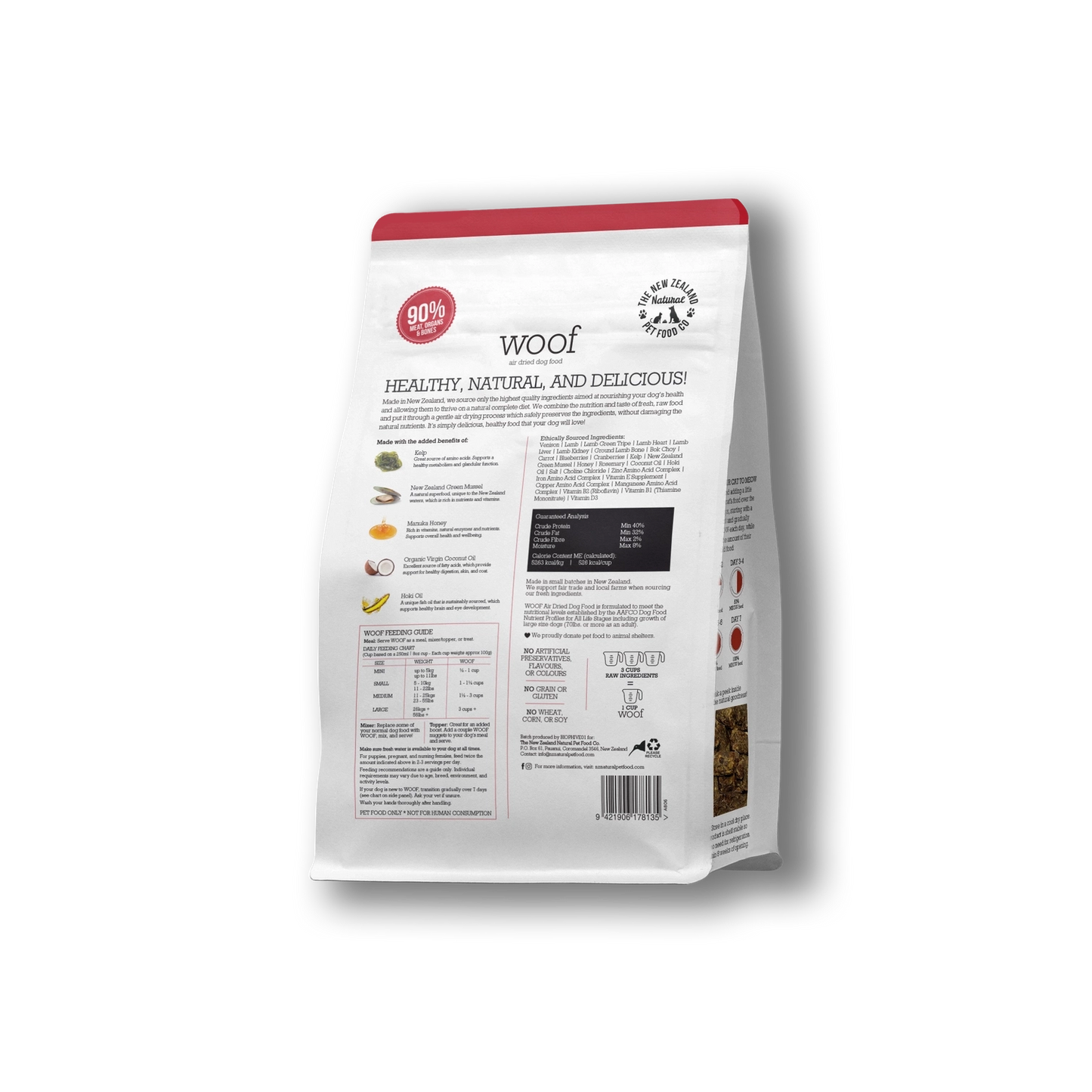 The New Zealand Natural Pet Food Co venison air dried dog food bag showcasing healthy ingredients and nutritional information